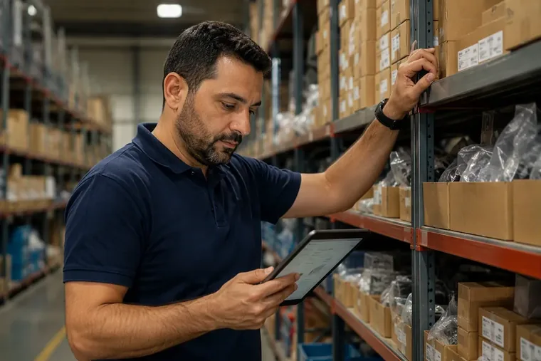 Depo rafında tablet ile stok kontrolü yapan çalışan — TeknoPers stok yönetimi