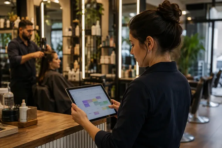 Salon çalışanı tablette randevu takvimini görüntülüyor — TeknoPersSalon randevu yönetimi