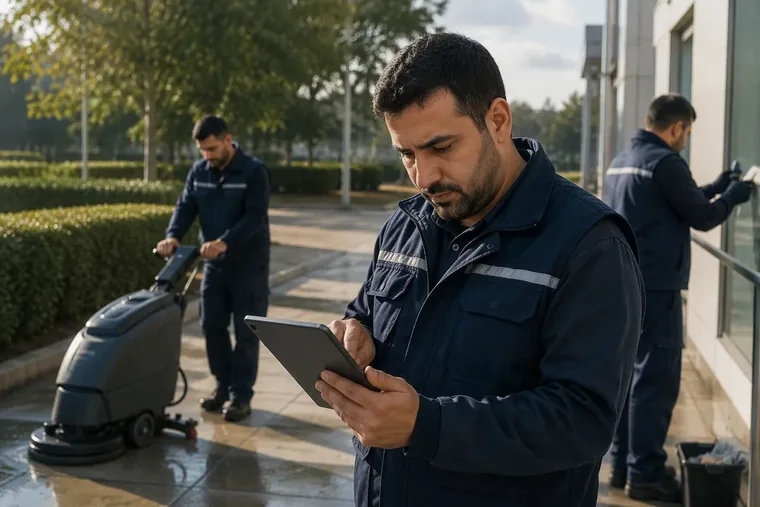 Tablet ile temizlik ekibini yöneten saha sorumlusu — TeknoPers saha personel takibi